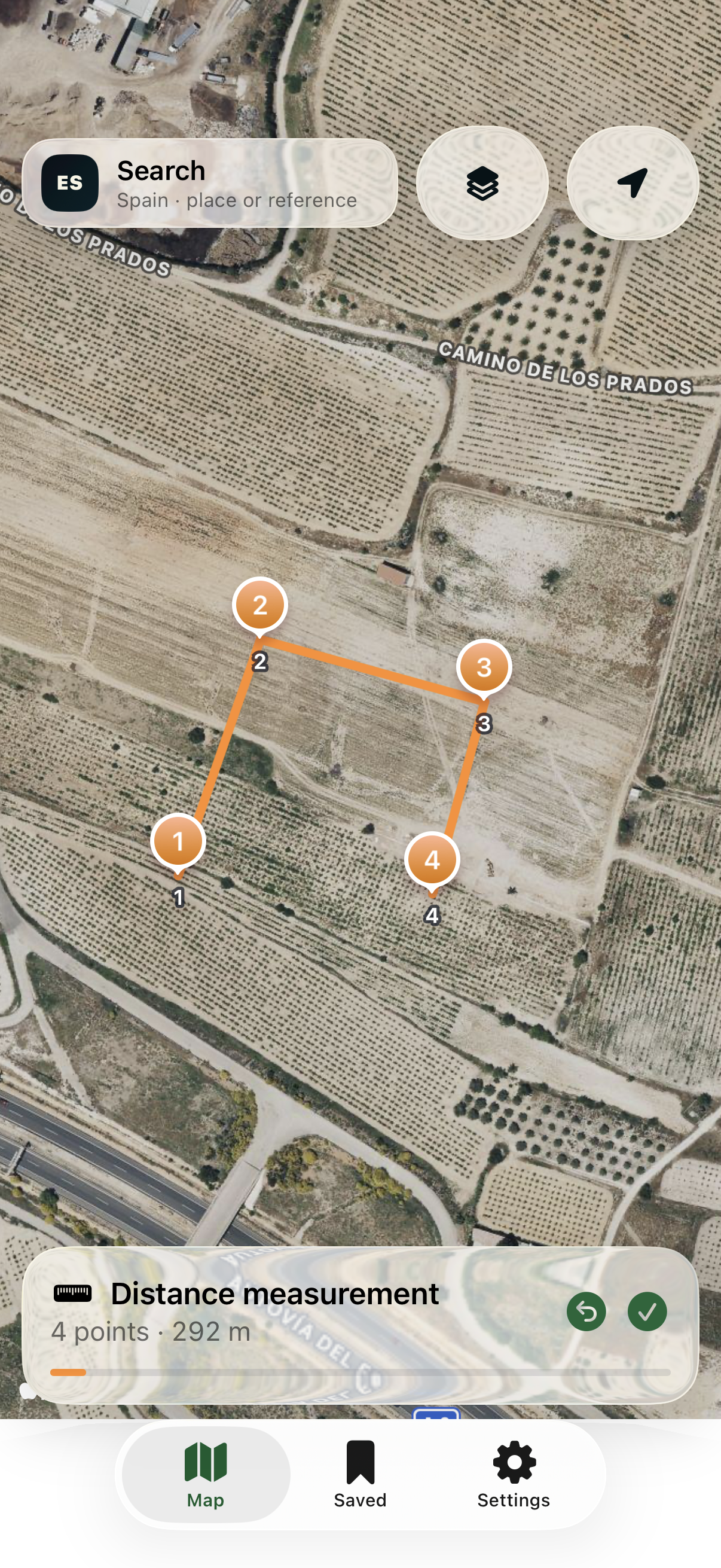 Actual Boundara distance measurement example with four points and 292 metres